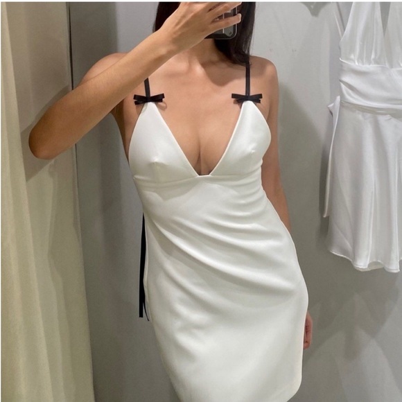 Zara VIRAL Short Dress with Bows Black White Small - Picture 4 of 16